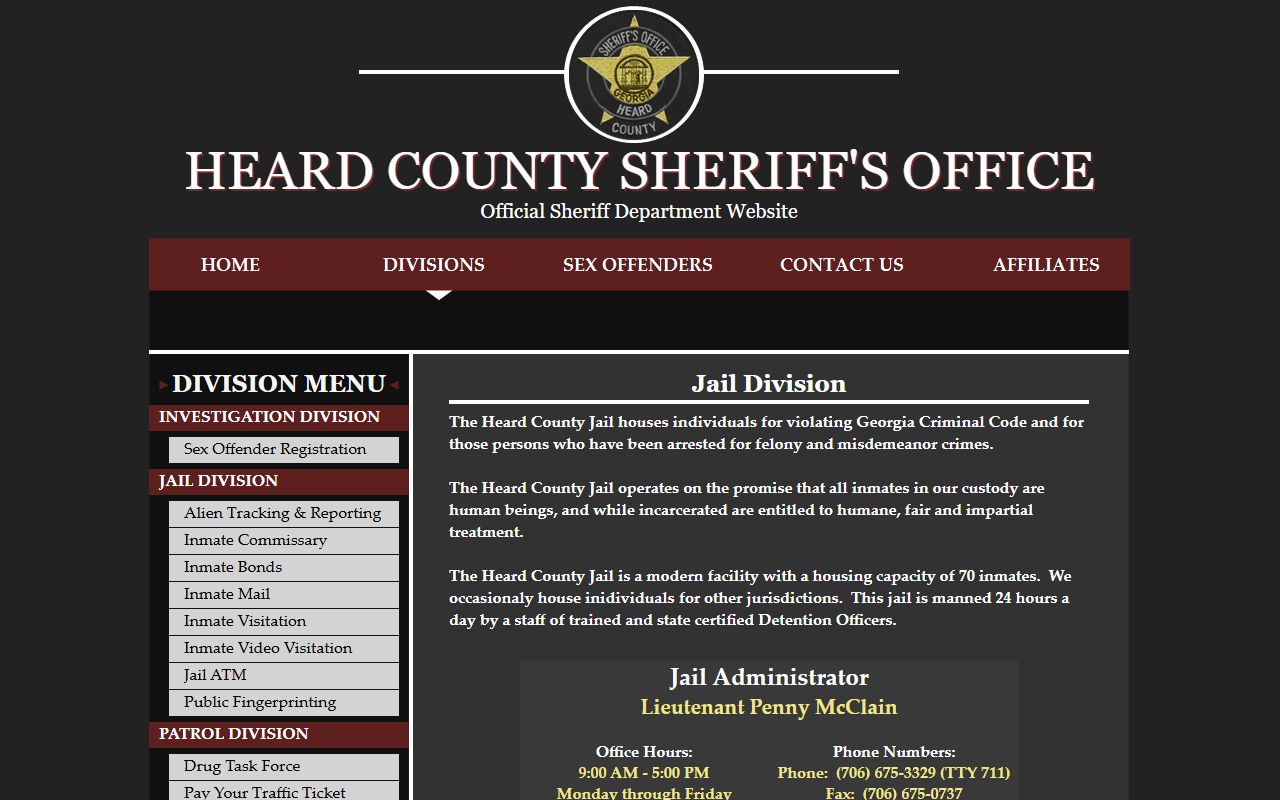 Heard County Jail inmate lookup jail division capacity and contact page