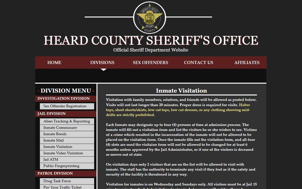 Heard County inmate records visitation schedule by housing section